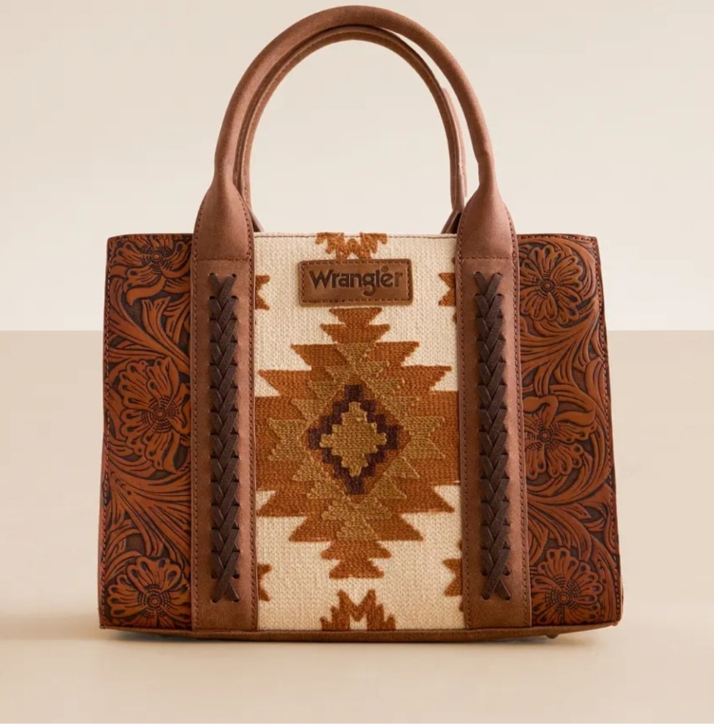 Wrangler Tan and Brown Aztec Tote with Floral Tooled Sides